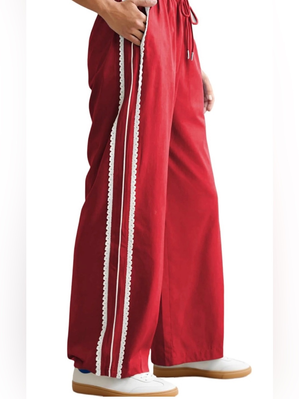 Women's Red Wide-Leg Pants with Side Lace Trim